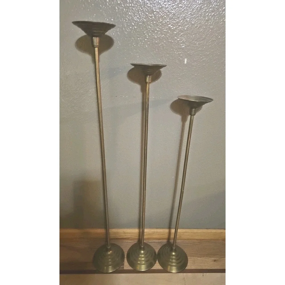 Vintage‎ 3 Tall Vintage Soild Brass Candlesticks Beautiful Patina 38